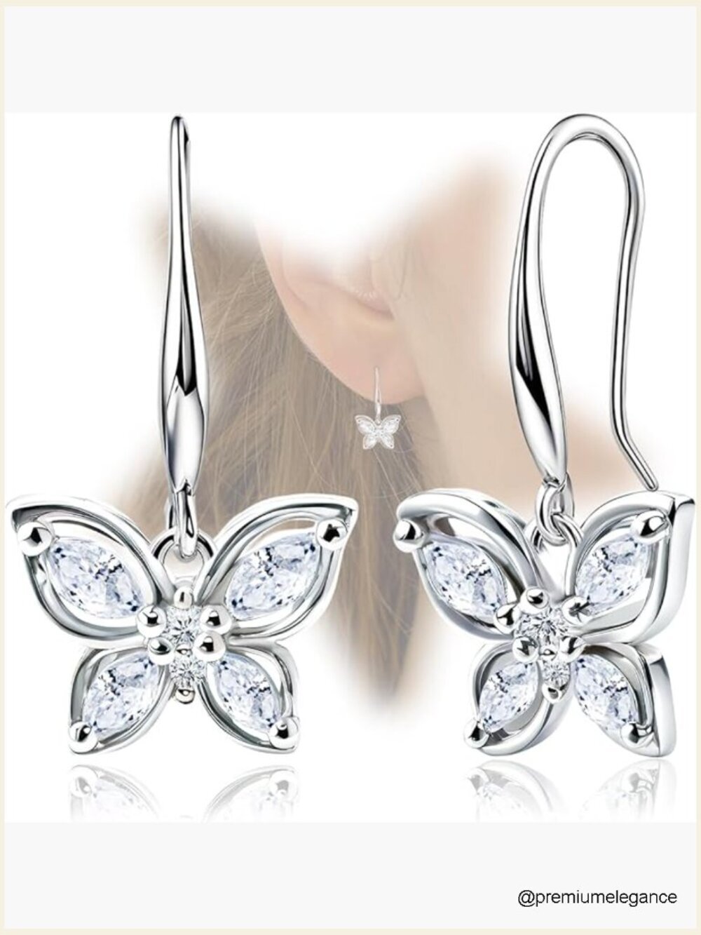 Sterling Silver Butterfly Drop Dangle Earrings CZ Sparkle Lightweight